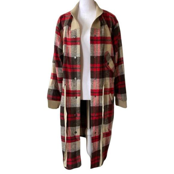 Davi & Dani Red Plaid Button Down Tie Waist Long Shacket Jacket Cardigan Medium - Picture 2 of 10